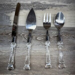 Bellamo 4pc Clear Lucite Handle Serving Set Hostess Fork Spoon Utensils MCM
